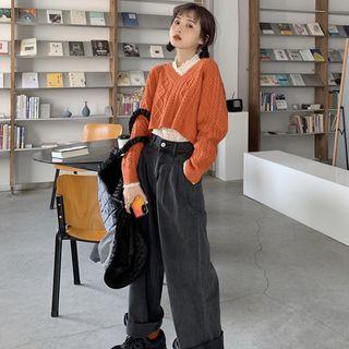 V-neck Cable-knit Sweater / Lace Long-sleeve Top