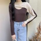 Long-sleeve Two-tone Cutout Fitted Top