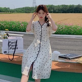 Short-sleeve Contrast Trim Heart Print Dress