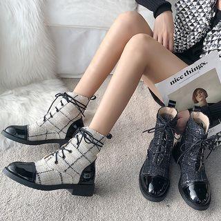 Cap-toe Tweed Plaid Lace-up Short Boots