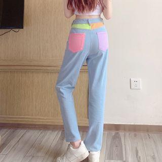 Mid Waist Color Block Wide Leg Jeans