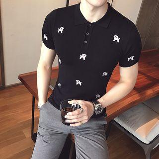 Dog Embroidered Knitted Short-sleeve Polo Shirt