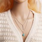 Turquoise Drop Alloy Bar Pendant Layered Necklace 1 Pc - Silver - One Size