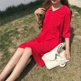 Plain Peter-pan Collar Loose-fit Short-sleeve Dress