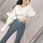 Lace-up Cropped Blouse / High Waist Boot-cut Pants