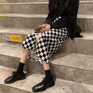 Plaid Front-slit Midi Skirt