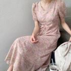 Short-sleeve Floral Shirred Midi A-line Dress