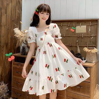 Puff-sleeve Cherry Embroidered A-line Dress Cherry - White - One Size