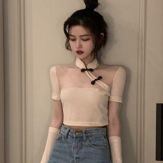 Long-sleeve Mandarin Collar Paneled T-shirt