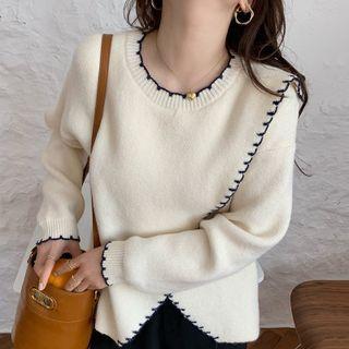 Contrast Trim Asymmetrical Hem Sweater