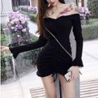 Off-shoulder Long-sleeve Drawstring Mini Dress