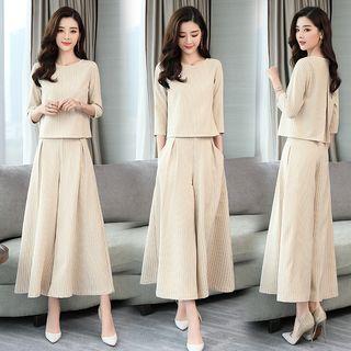 Set: Pinstriped 3/4-sleeve Top + Midi Culottes