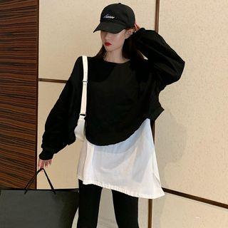 Mock Two-piece Shirt Sweatshirt / High-waist Plain Pants