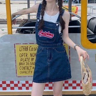 Letter Embroidered Denim Mini Overall Dress / Tank Top