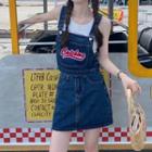 Letter Embroidered Denim Mini Overall Dress / Tank Top