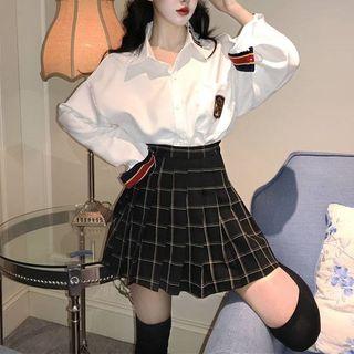 Striped Panel Shirt / Plaid Skirt / Set