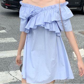 Ruffled Off-shoulder Short-sleeve Mini A-line Dress Purple - One Size