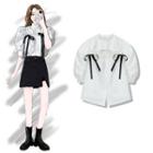 Mock-neck Split Bow Cropped Blouse White - One Size