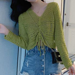 Long-sleeve Pointelle Drawstring Knit Top