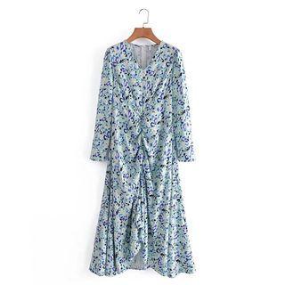 Long-sleeve V-neck Floral Asymmetrical Midi A-line Dress