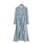 Long-sleeve V-neck Floral Asymmetrical Midi A-line Dress