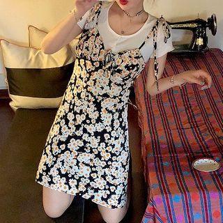 Short-sleeve Cardigan / Floral Print Mini Dress