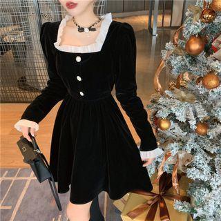 Mesh Hem Velvet A-line Dress