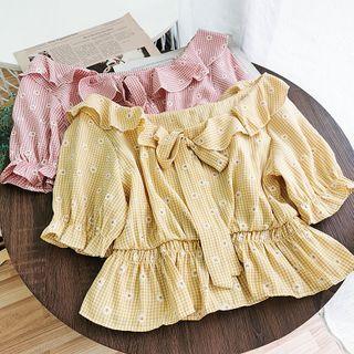 Flower Print Plaid Short-sleeve Blouse