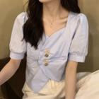 Elbow-sleeve Asymmetrical Button-up Blouse