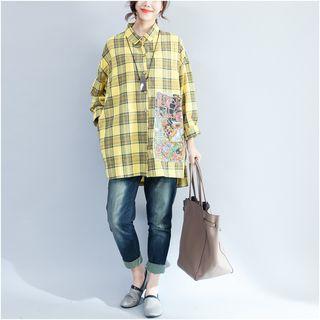 Cartoon Print Plaid Shirt Yellow - One Size