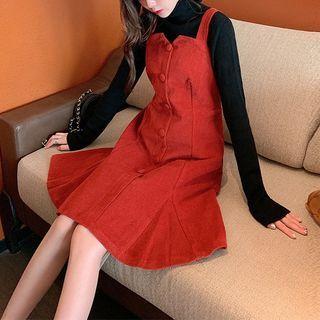 Set: Long-sleeve Mock-neck Knit Top + A-line Corduroy Pinafore Dress