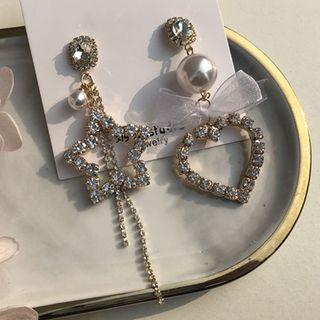 Non-matching Rhinestone Heart Drop Earring As Shown In Figure - One Size