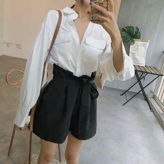 Set: Balloon-sleeve Shirt + Paperbag Waist Shorts