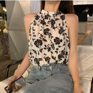 Sleeveless Floral Chiffon Blouse Black Flower - White - One Size