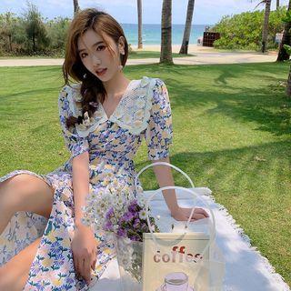 Elbow-sleeve Floral Print Midi A-line Dress / Blouse