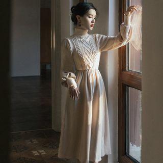Mock Two-piece Long-sleeve Mock-neck Knit Midi A-line Dress