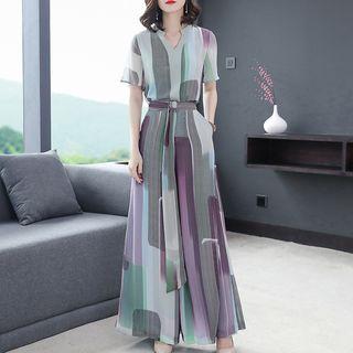 Set: Short-sleeve Striped Chiffon Blouse + Wide-leg Pants
