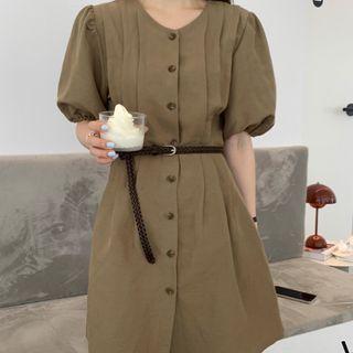 Set: Short-sleeve Button-up Mini A-line Dress + Belt