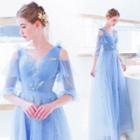 3/4-sleeve Cold Shoulder Embroidered Mesh Overlay Lace A-line Evening Gown
