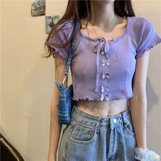Ruffle-trim Lace-up Cropped Knit Top