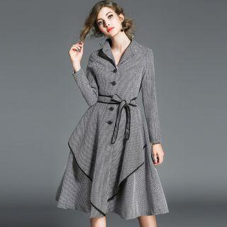 Houndstooth Collared Long Sleeve Midi Dress