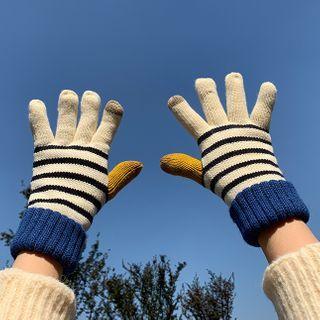 Striped Colour Block Touchscreen Gloves White & Black & Blue - One Size