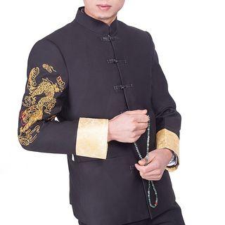 Set: Embroidered Frog-button Jacket + Mandarin Collar Shirt + Dress Pants