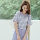 Short-sleeve Polo-neck Gingham Knit Top Purple - One Size
