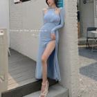 Cutout-shoulder Side-slit Twisted Maxi Dress