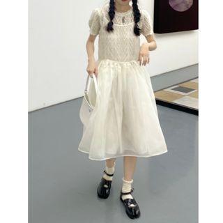 Short-sleeve Pointelle Knit Top / A-line Overall Dress