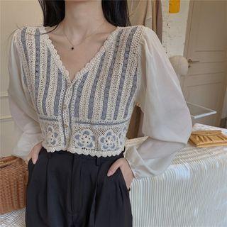 Puff-sleeve Lace Blouse White & Blue - One Size
