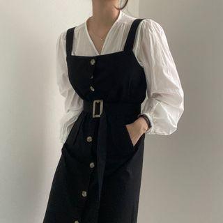 Long-sleeve Plain Blouse / Single Breasted Tie Waist Jumper Dress