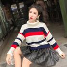 Mock-turtleneck Color Block Striped Knitted Sweater