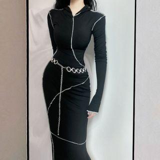 Long-sleeve Hooded Stitched Midi Sheath Dress